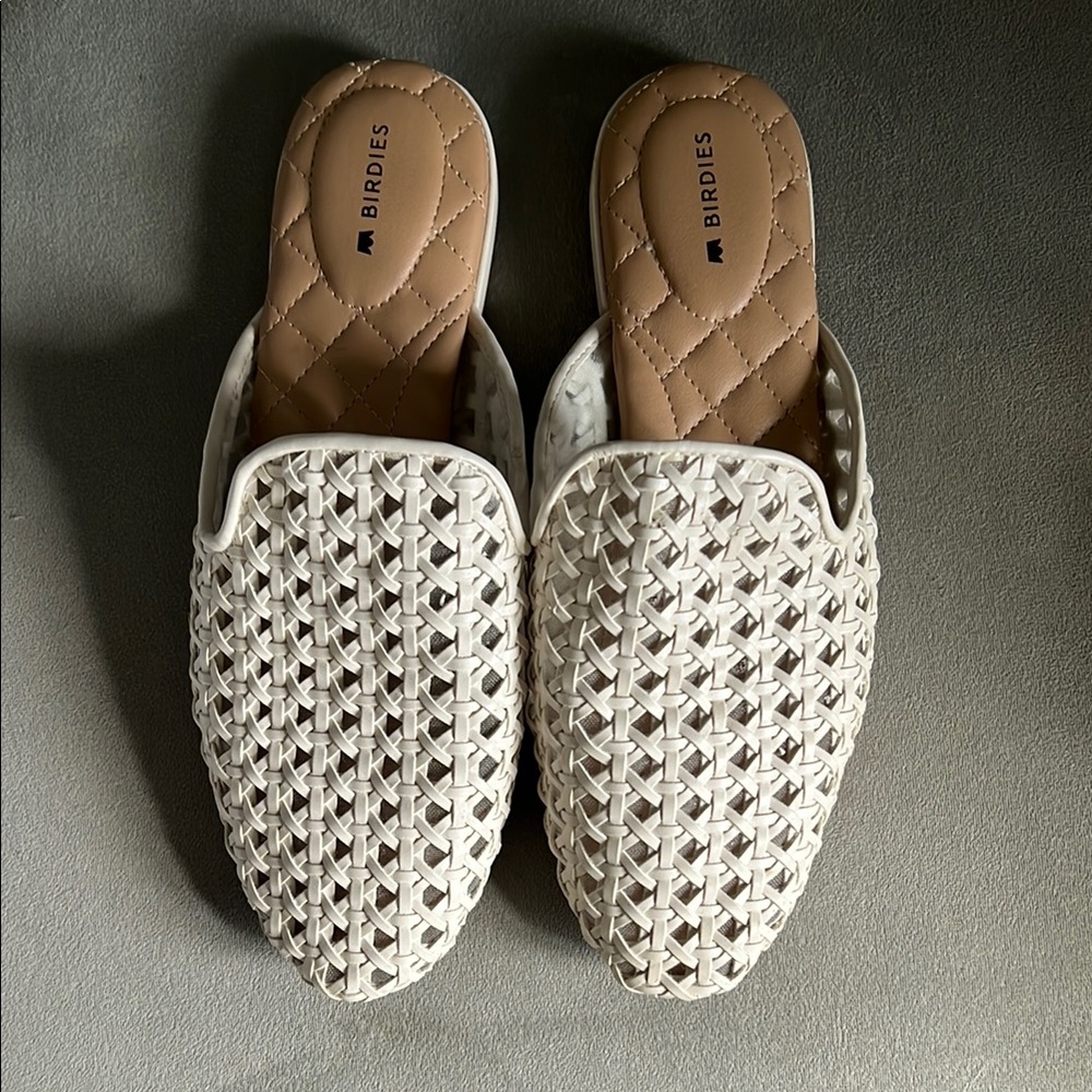 Birdies Cream Leather Woven Mules